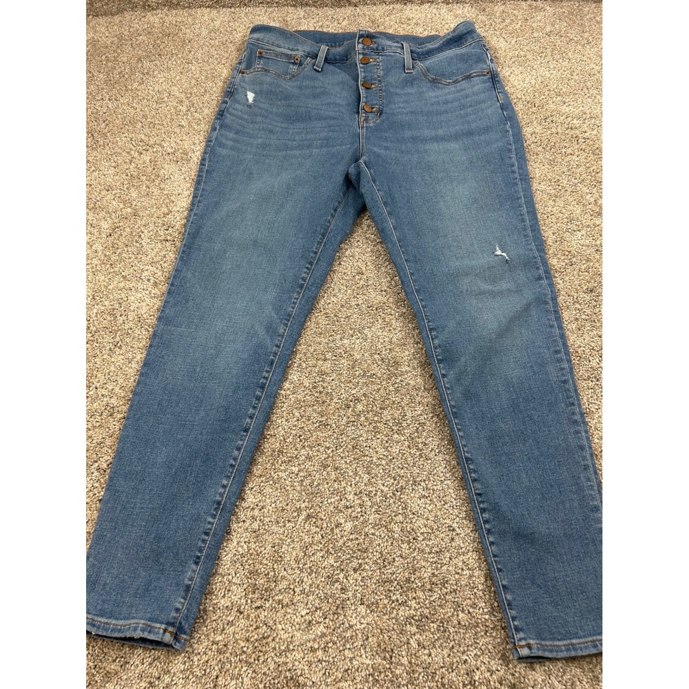 J.Crew 10" High-Rise Skinny Jean Medium Wash Button Fly Size 33 Distressed #0849